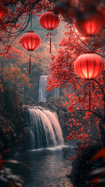 红灯笼瀑布秋色唯美