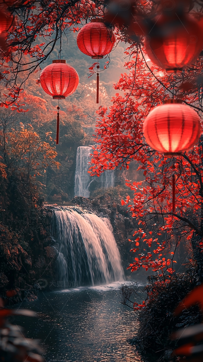 高清大图下载【趣麦麦图】红灯笼瀑布秋色唯美