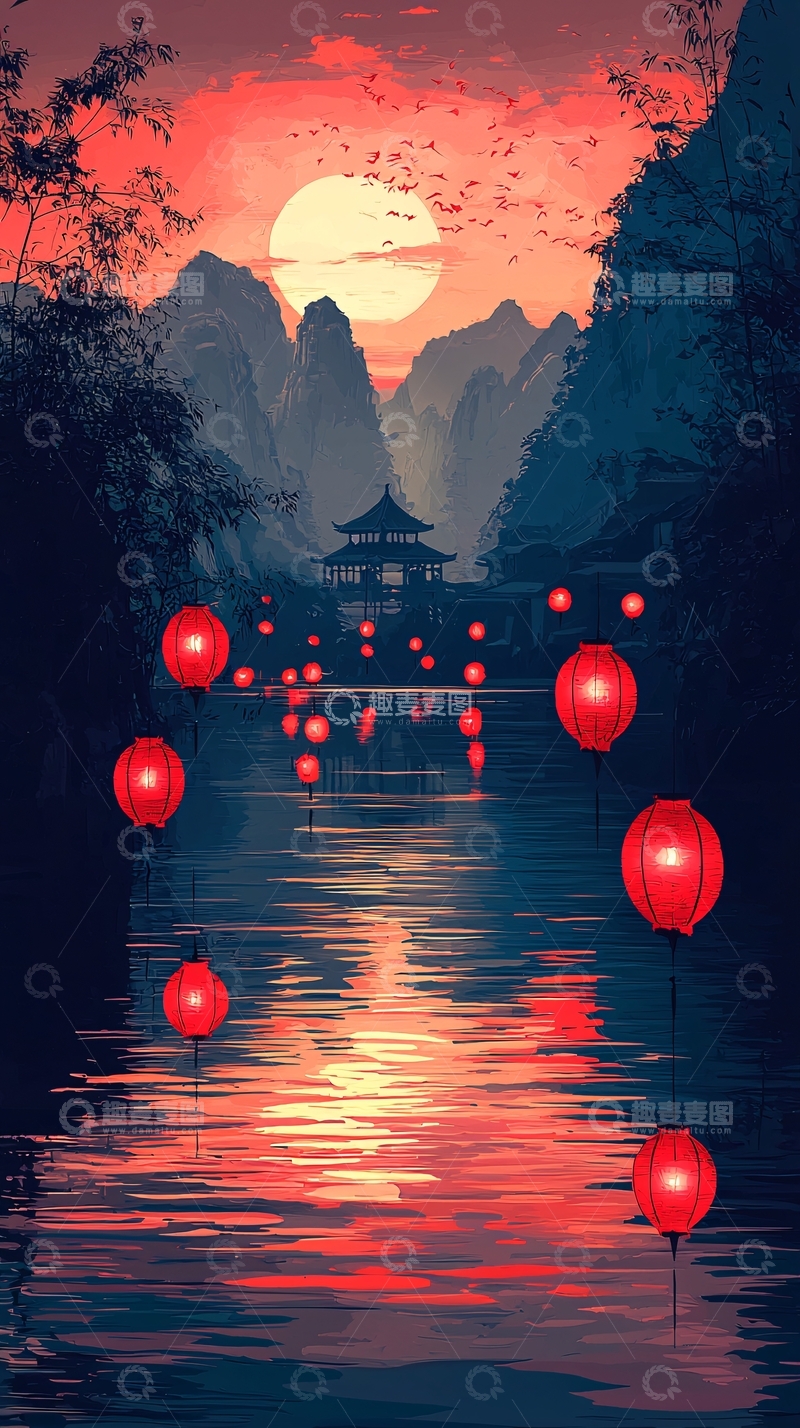 高清大图下载【趣麦麦图】灯笼点缀的月夜山水