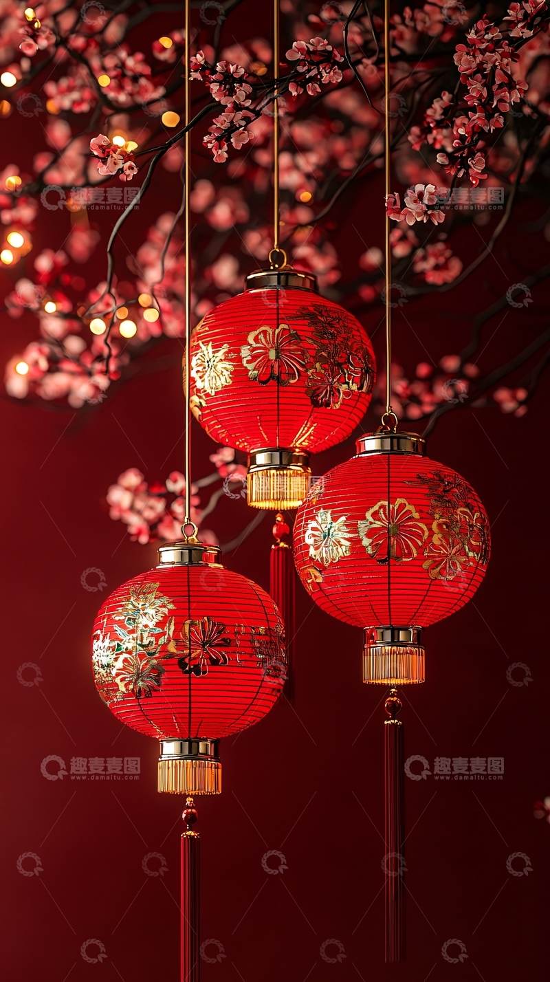 高清大图下载【趣麦麦图】红色灯笼和梅花树枝
