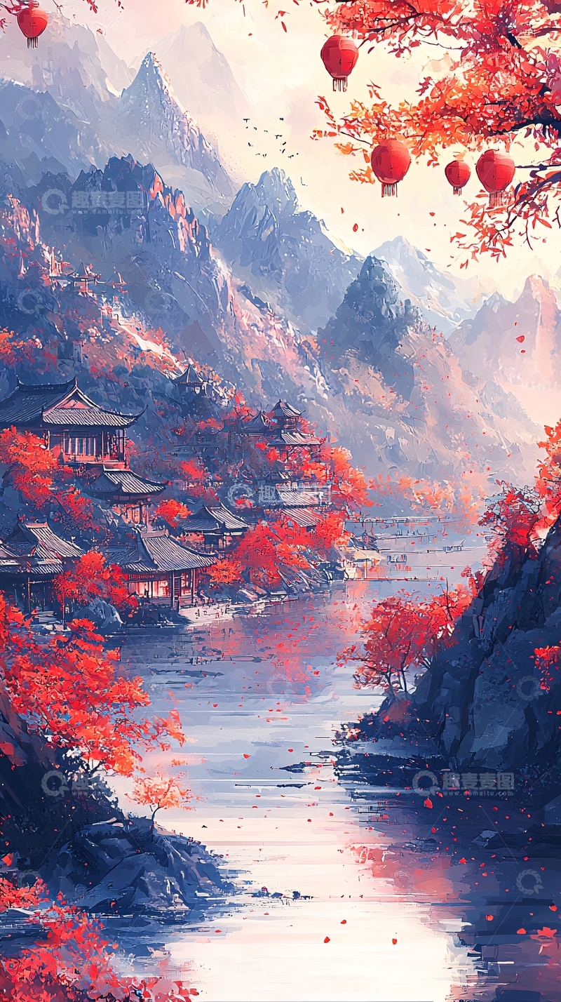 高清大图下载【趣麦麦图】国风山水红色秋景