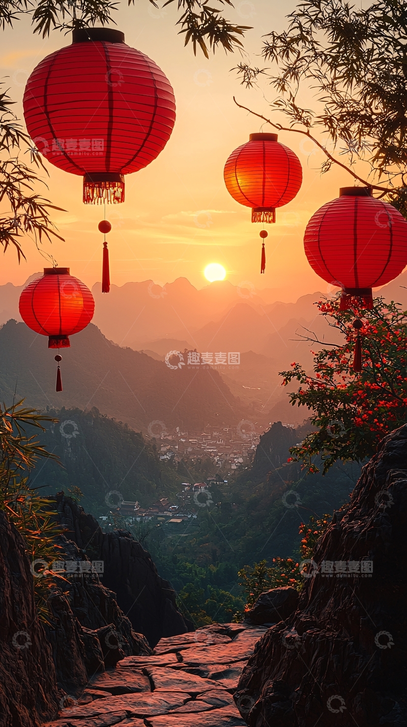 高清大图下载【趣麦麦图】日落山景红灯笼