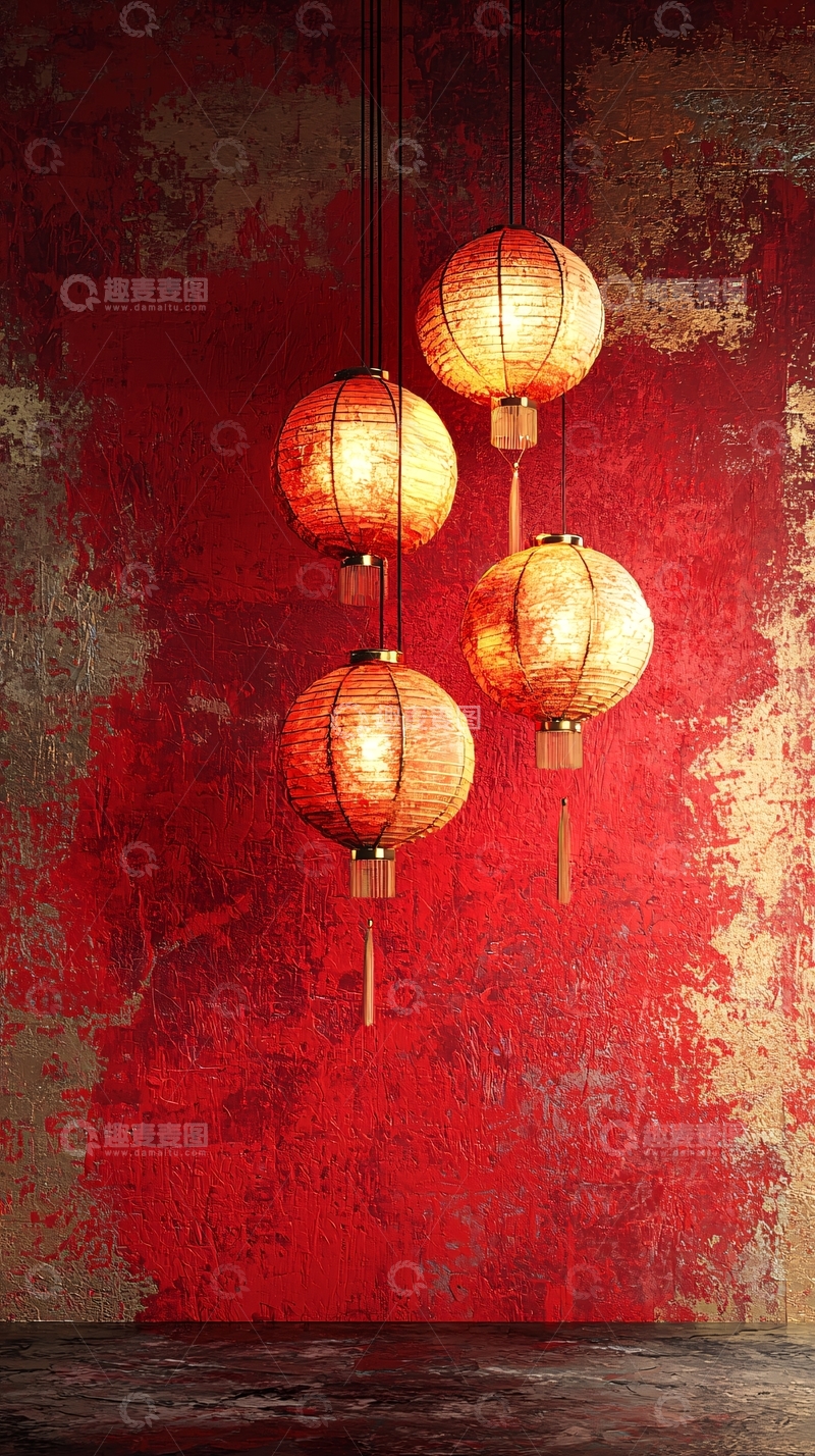 高清大图下载【趣麦麦图】红色背景下的四盏灯笼