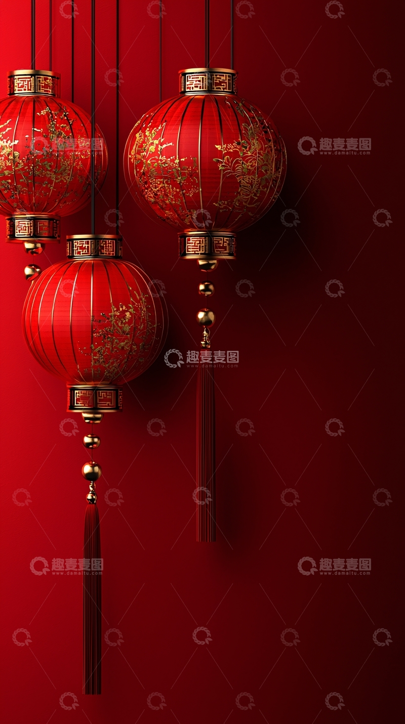 高清大图下载【趣麦麦图】红色背景下的节日灯笼