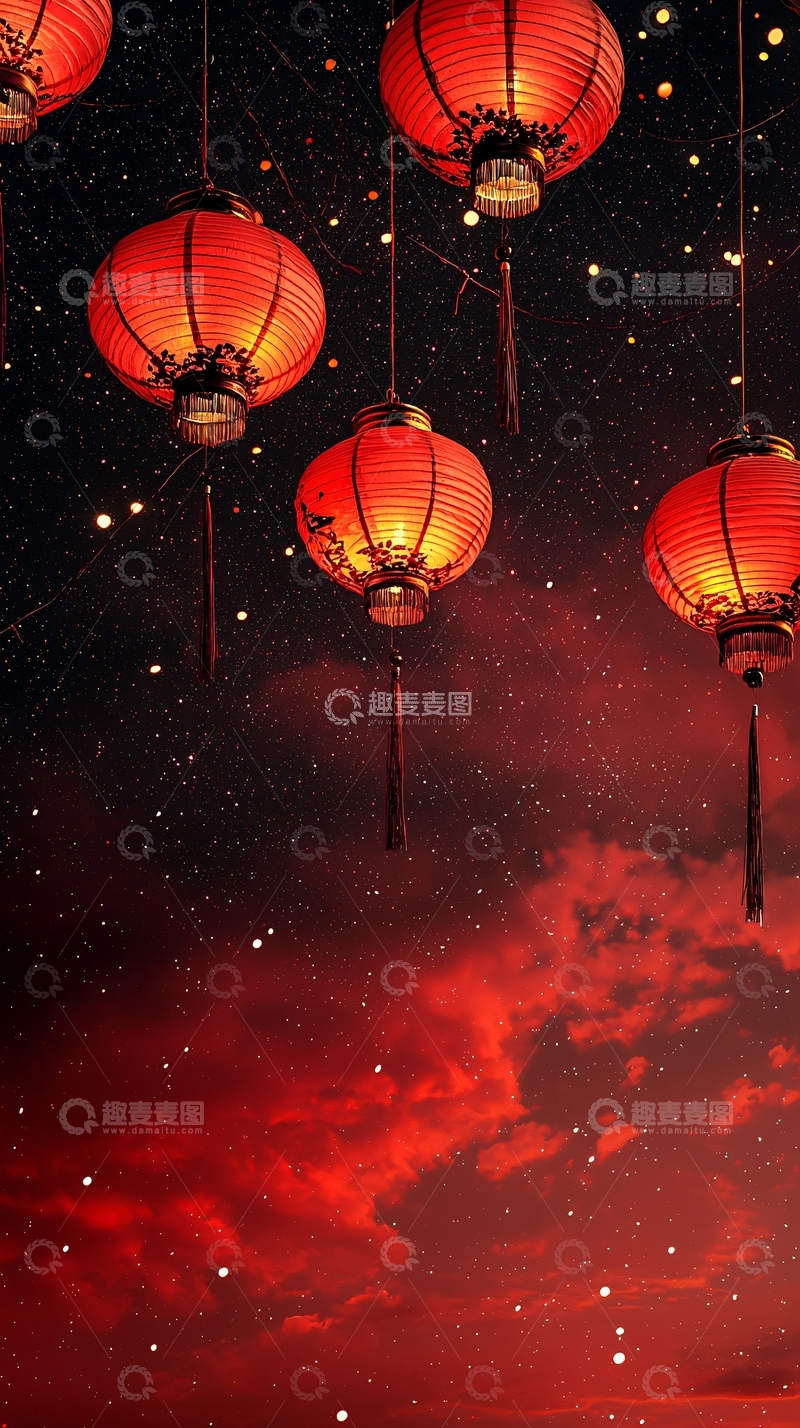 高清大图下载【趣麦麦图】红色灯笼悬挂夜空