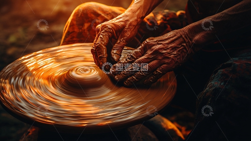 高清大图下载【趣麦麦图】陶艺家双手在旋转陶轮上制作陶器