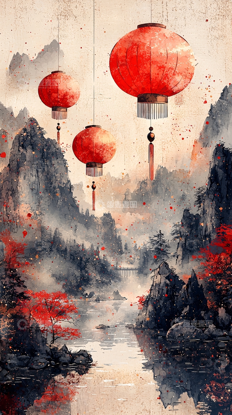 高清大图下载【趣麦麦图】红色灯笼下的水墨山水