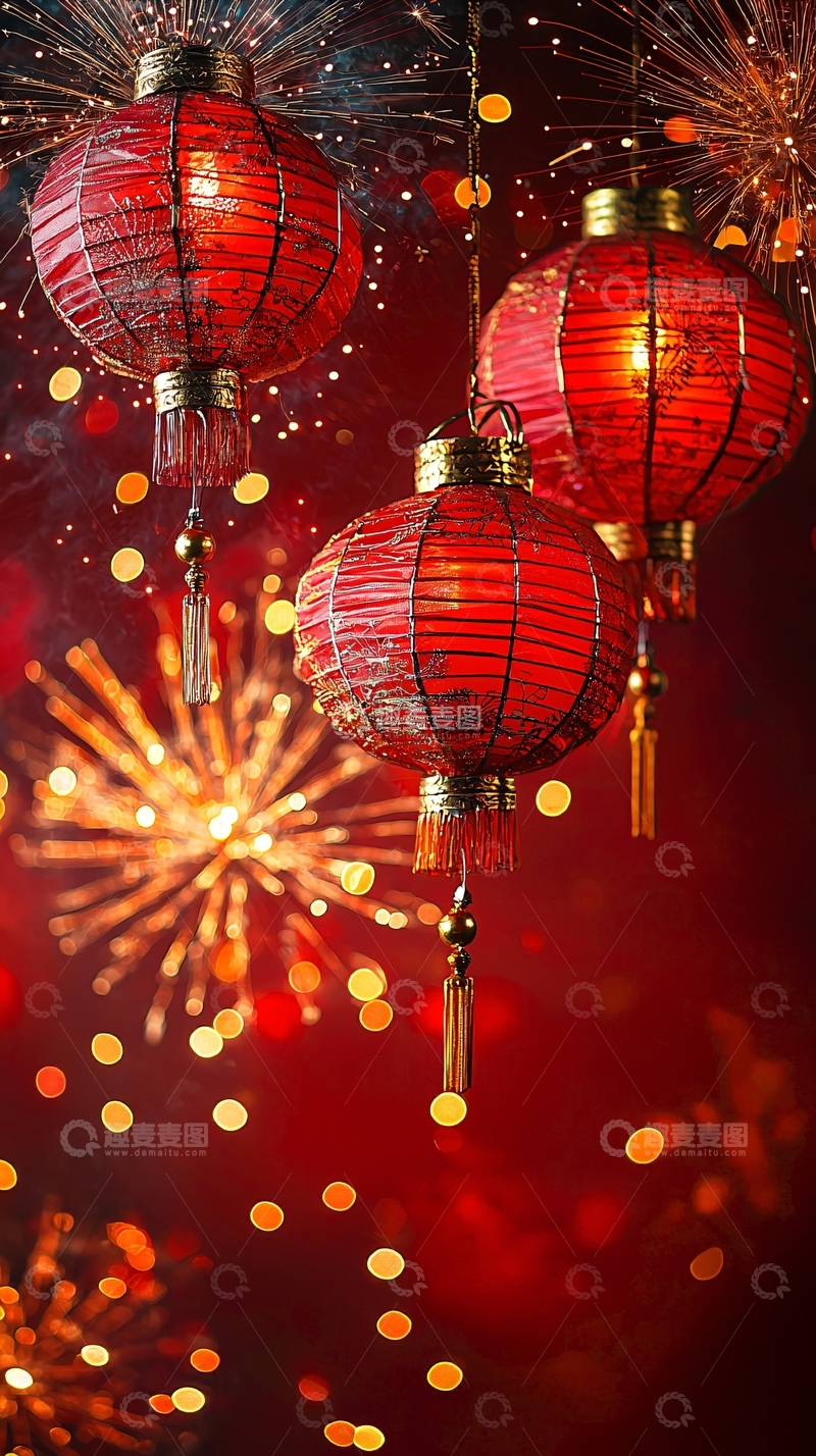 高清大图下载【趣麦麦图】喜庆的中国红灯笼烟花