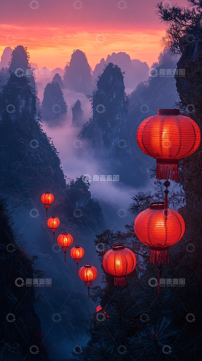 高清大图下载【趣麦麦图】山间红灯笼唯美意境