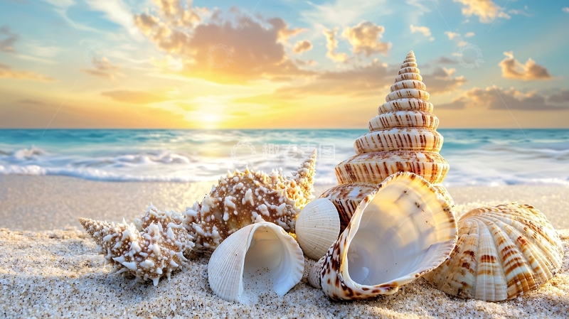 高清大图下载【趣麦麦图】海滩日落贝壳