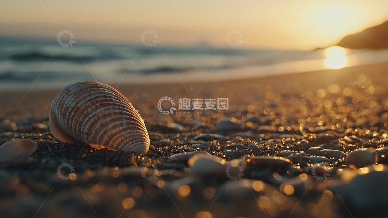 高清大图下载【趣麦麦图】落日余晖下的海滩贝壳
