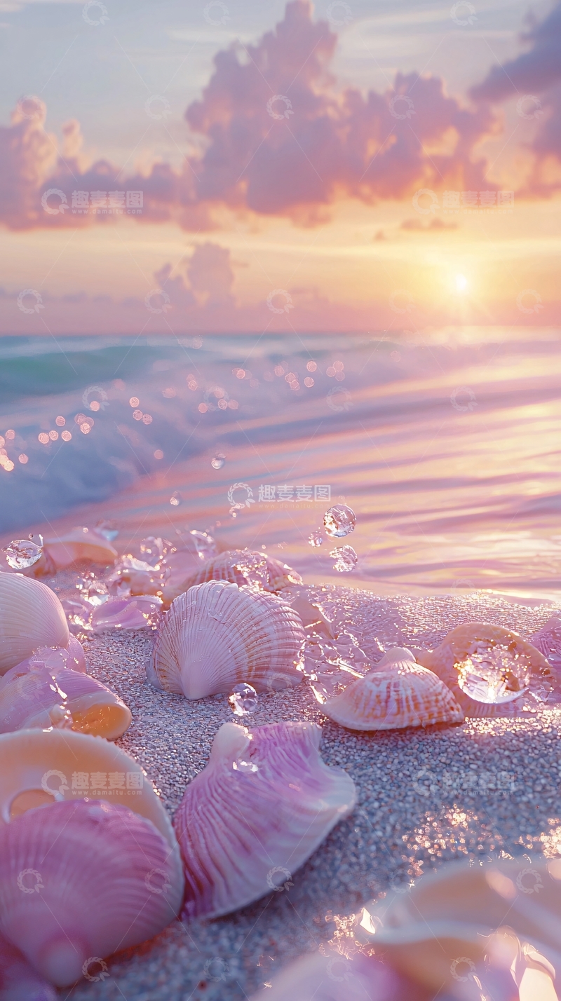 高清大图下载【趣麦麦图】粉色贝壳海滩日落