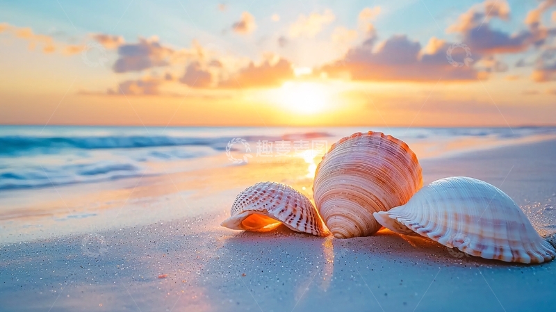 高清大图下载【趣麦麦图】海滩日落贝壳