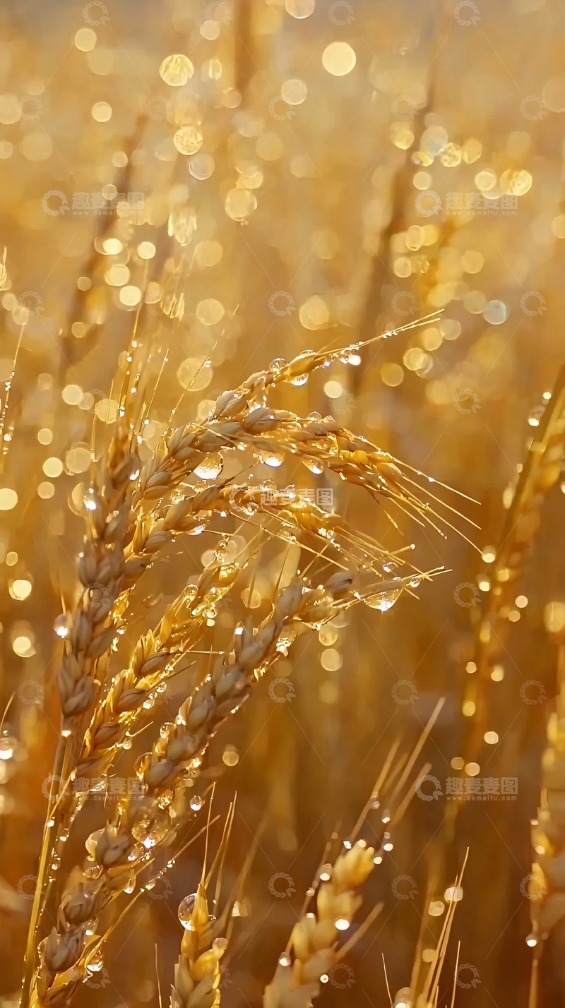 高清大图下载【趣麦麦图】金黄麦穗清晨露珠