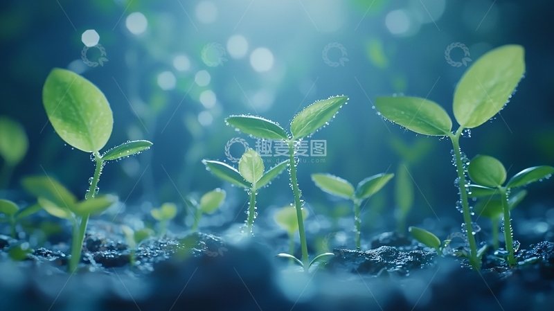 高清大图下载【趣麦麦图】蓝光下茁壮生长的幼苗