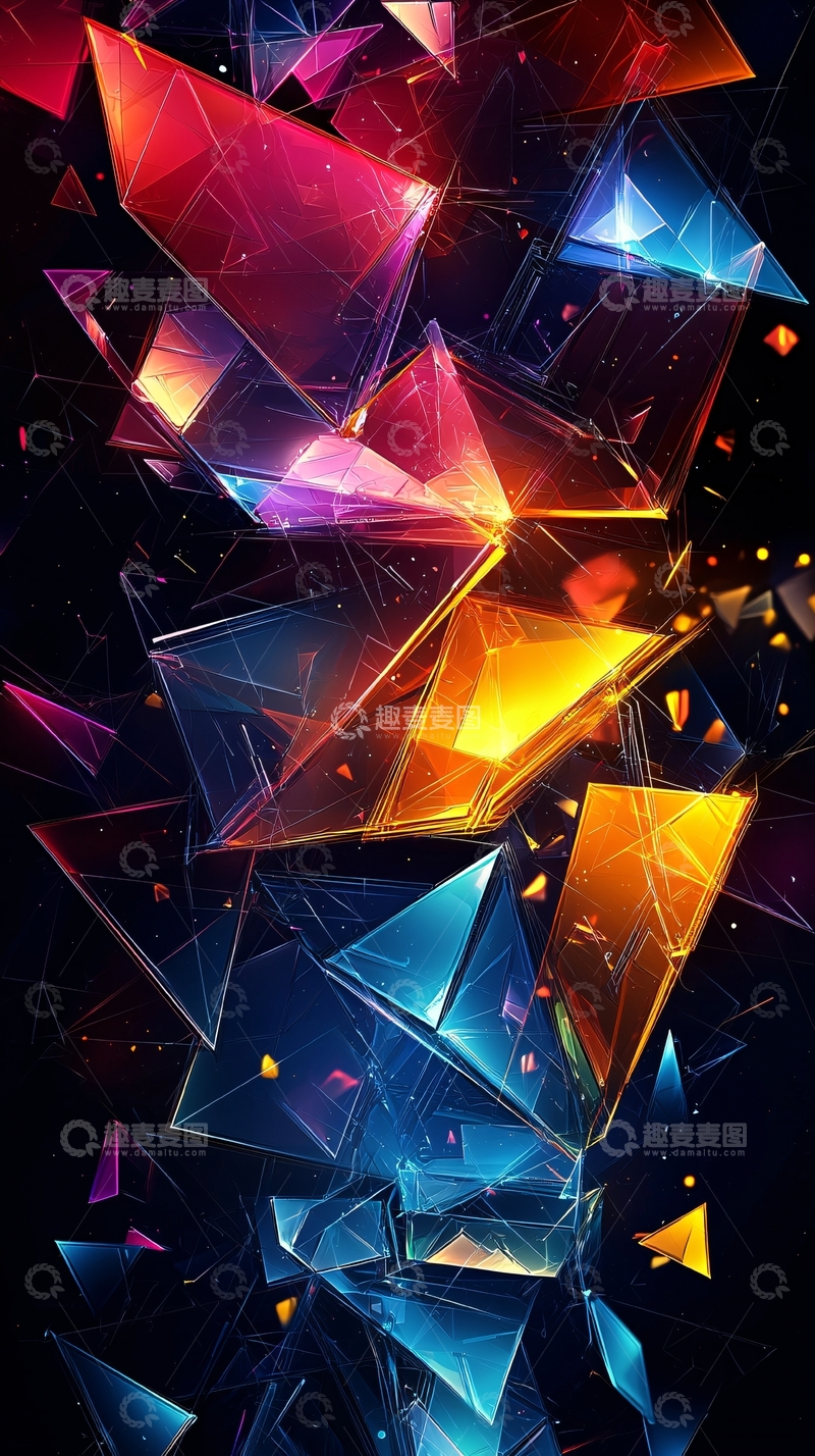 高清大图下载【趣麦麦图】彩色三角形碎片飞舞背景