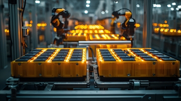 电池生产线上的机器人运作