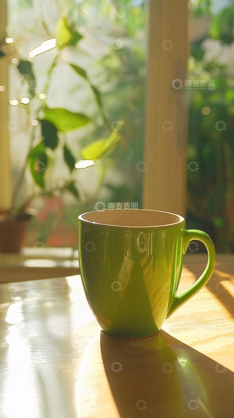 高清大图下载【趣麦麦图】阳光洒在木桌上绿杯