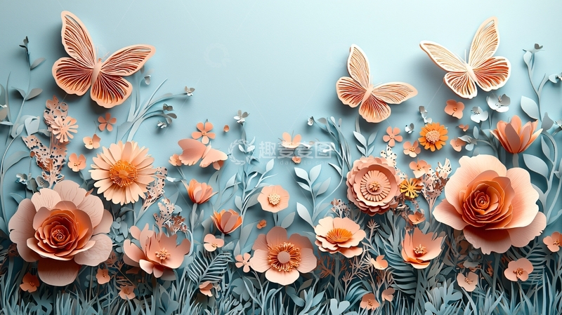 高清大图下载【趣麦麦图】轻盈纸艺花卉蝴蝶背景图