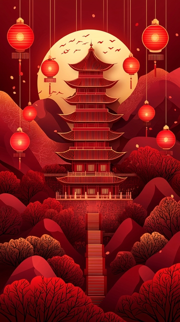 红色中国风建筑