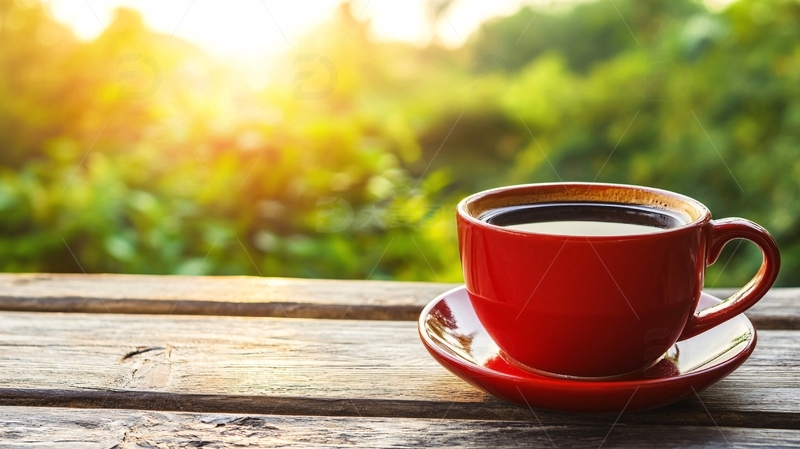 高清大图下载【趣麦麦图】清晨阳光下的红杯咖啡