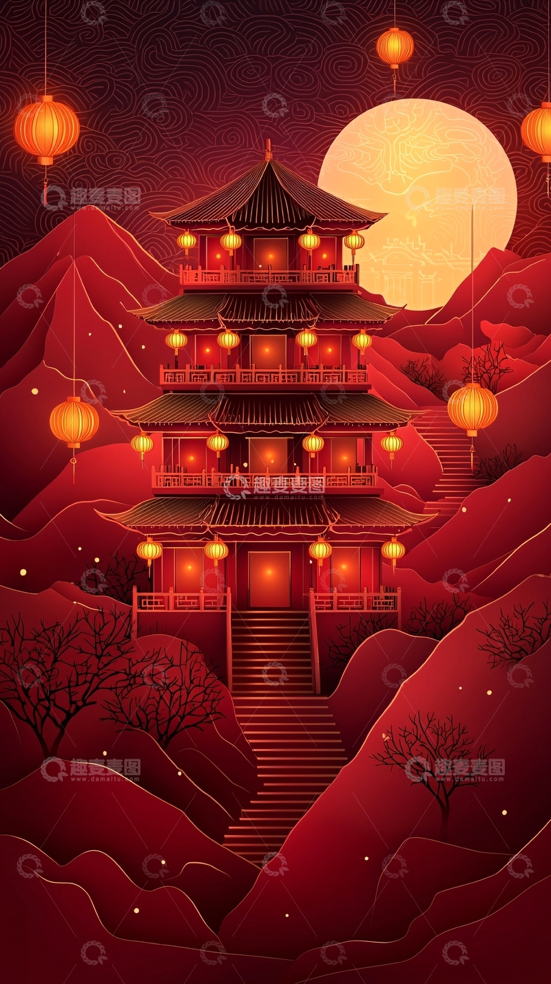 高清大图下载【趣麦麦图】中国风红色楼阁与圆月
