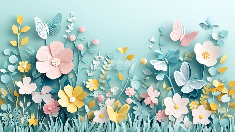 高清大图下载【趣麦麦图】淡蓝色背景上的纸艺花卉