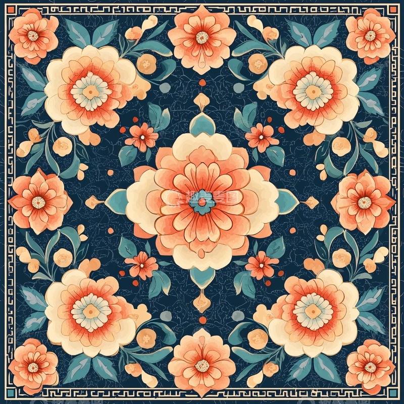 高清大图下载【趣麦麦图】蓝色背景下的花卉图案