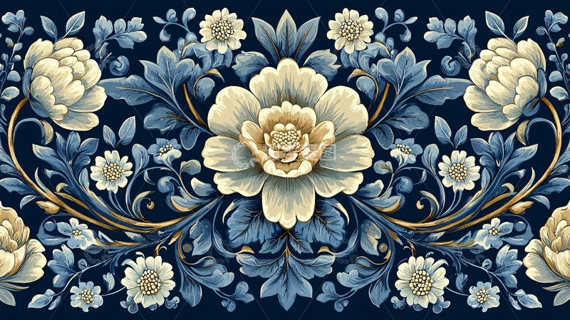 高清大图下载【趣麦麦图】米色花朵蓝色叶子装饰图案