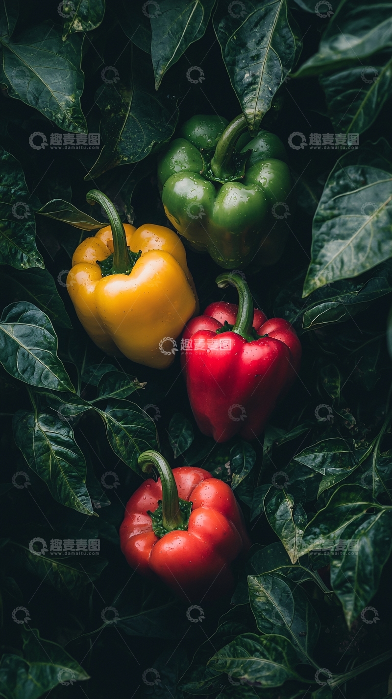 高清大图下载【趣麦麦图】绿叶中红黄绿三种甜椒
