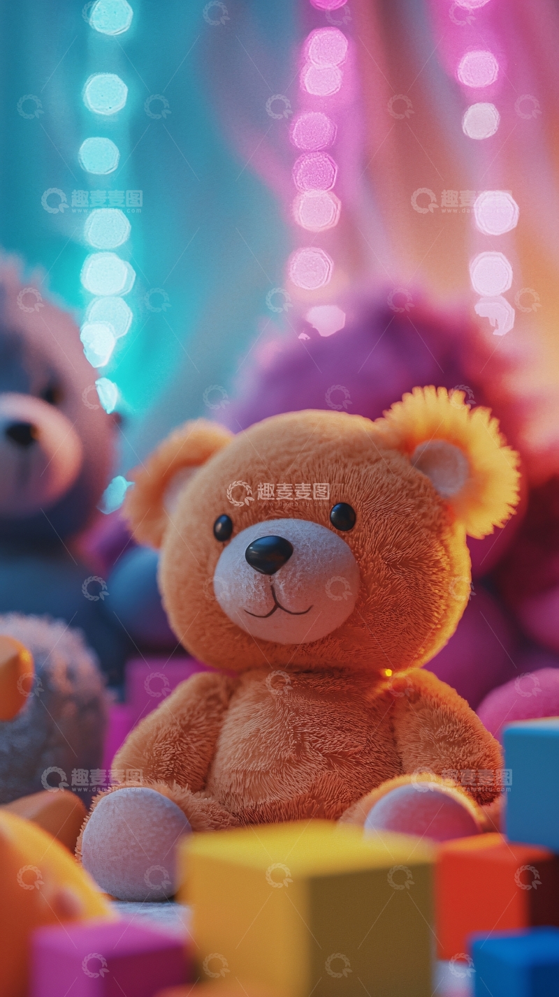 高清大图下载【趣麦麦图】彩色灯光下的毛绒玩具