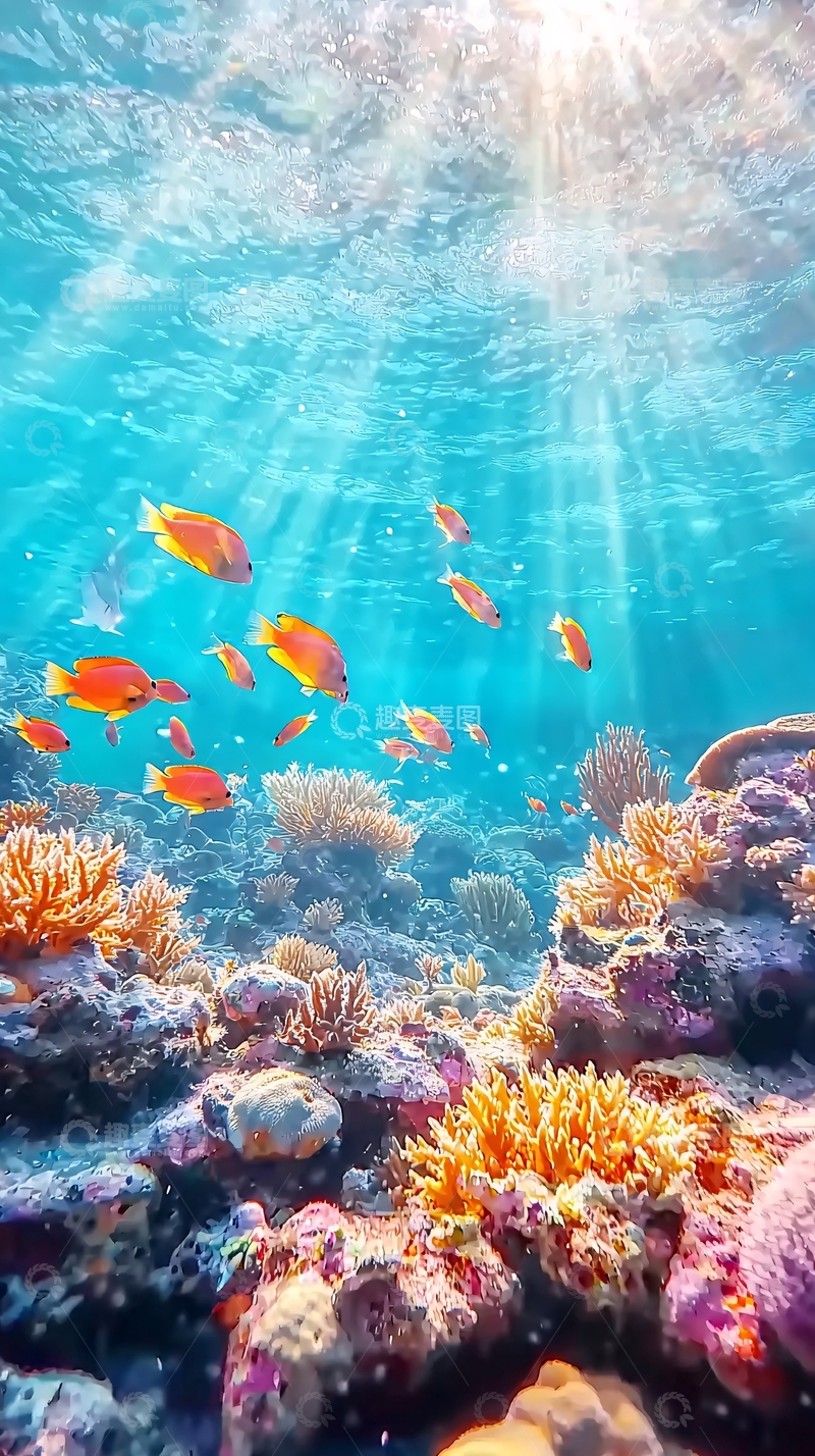 高清大图下载【趣麦麦图】阳光透过海水照射珊瑚礁