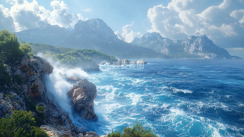 高清大图下载【趣麦麦图】海浪拍打岩石的海岸风景