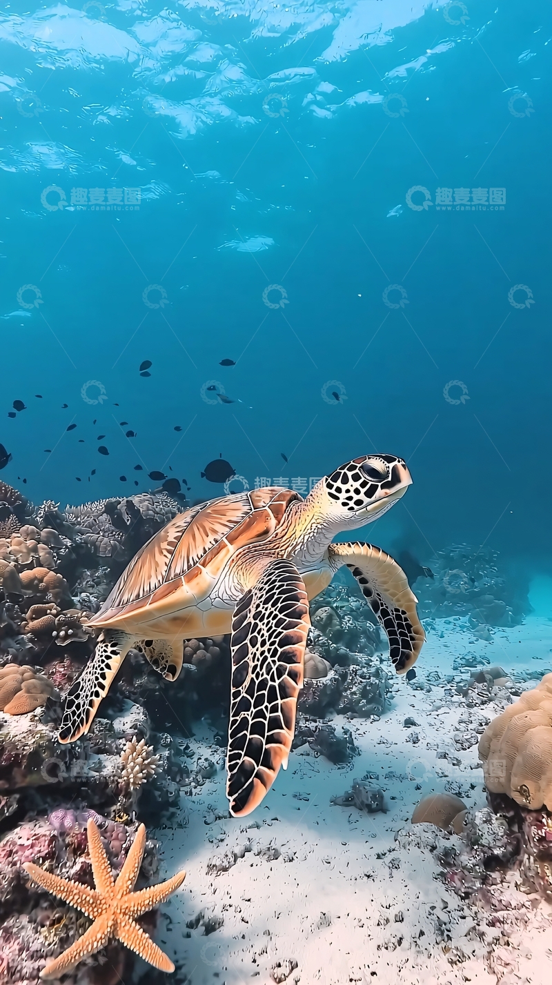 高清大图下载【趣麦麦图】海龟在珊瑚礁中游泳