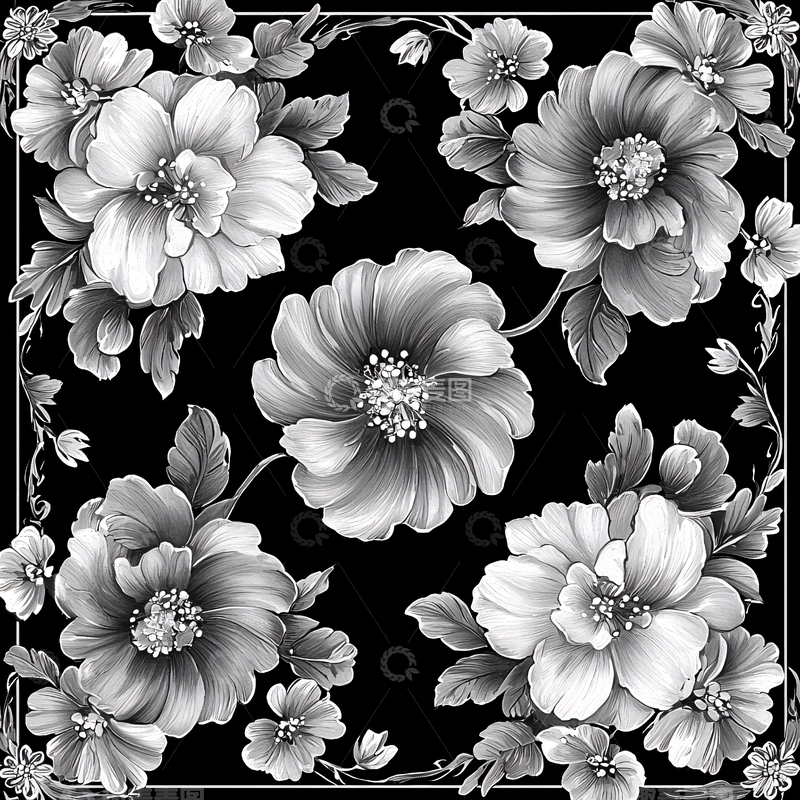 高清大图下载【趣麦麦图】黑白花卉图案