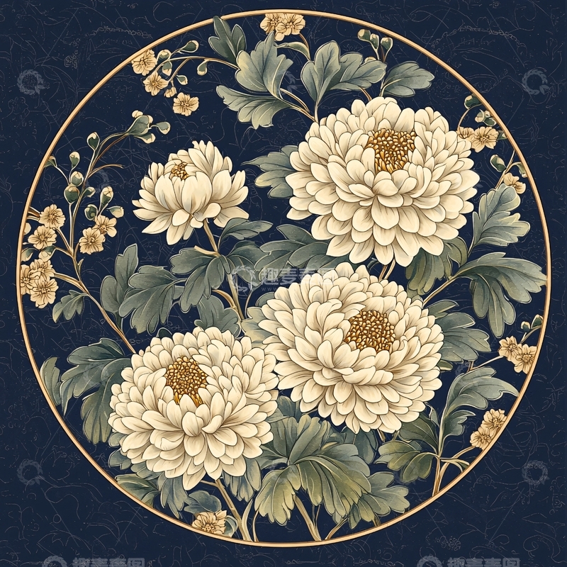 高清大图下载【趣麦麦图】圆形国风白菊花图案