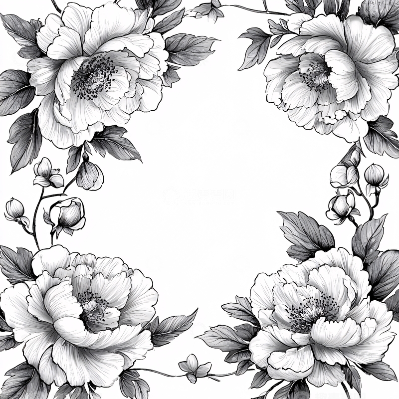 高清大图下载【趣麦麦图】黑白牡丹花卉边框