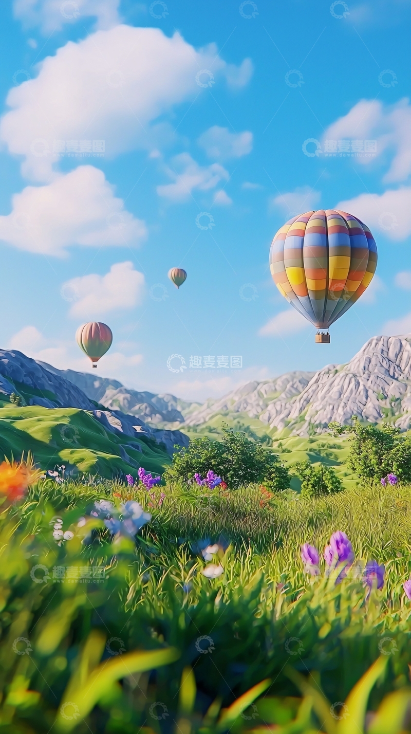 高清大图下载【趣麦麦图】热气球飞跃山谷花海
