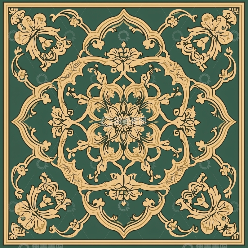 高清大图下载【趣麦麦图】绿色背景金色雕花图案