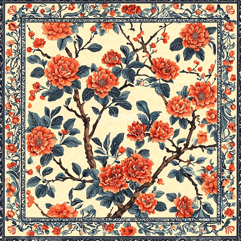 高清大图下载【趣麦麦图】红色花朵和树枝的纹样