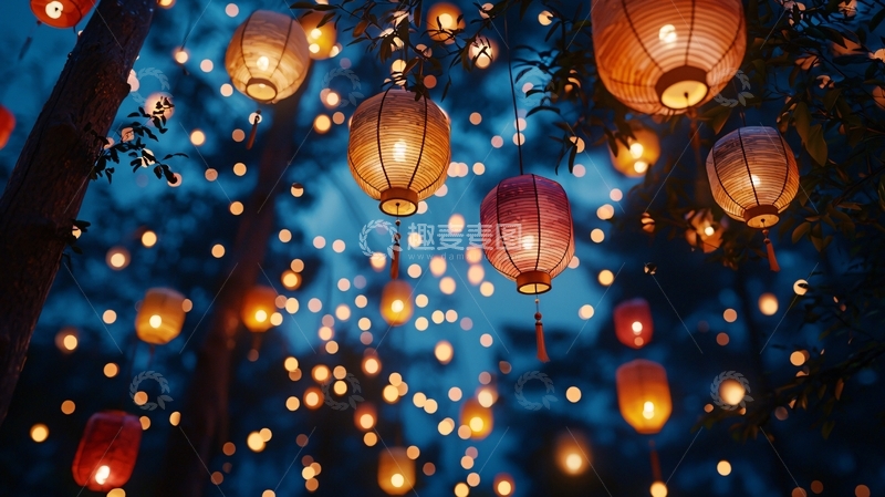 高清大图下载【趣麦麦图】夜空中悬挂着许多彩色灯笼