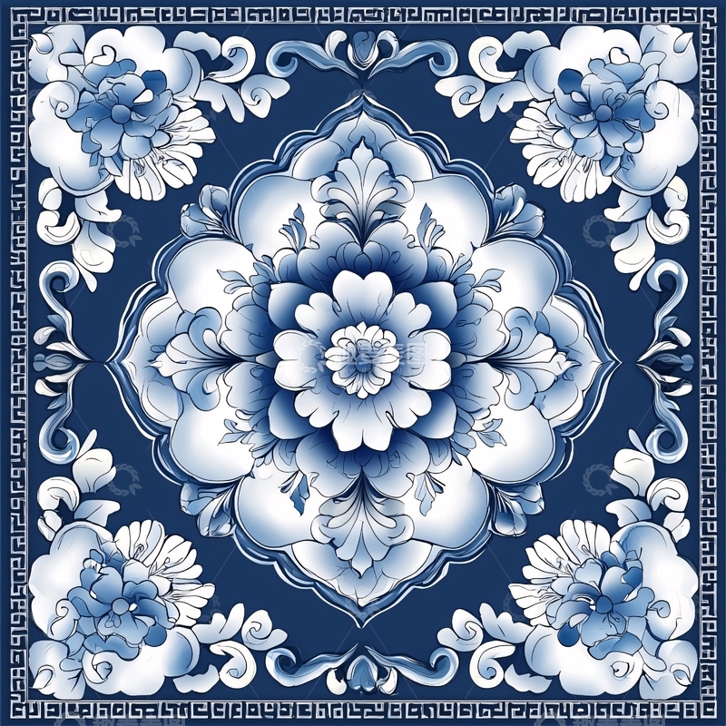高清大图下载【趣麦麦图】青花瓷风格对称花卉图案