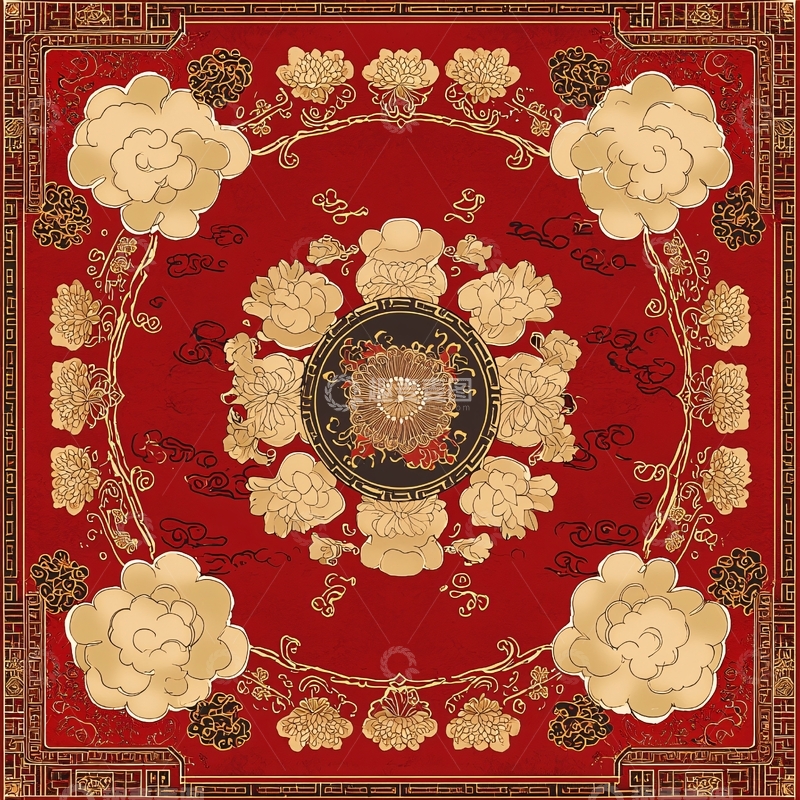 高清大图下载【趣麦麦图】红底金色花卉图案方巾