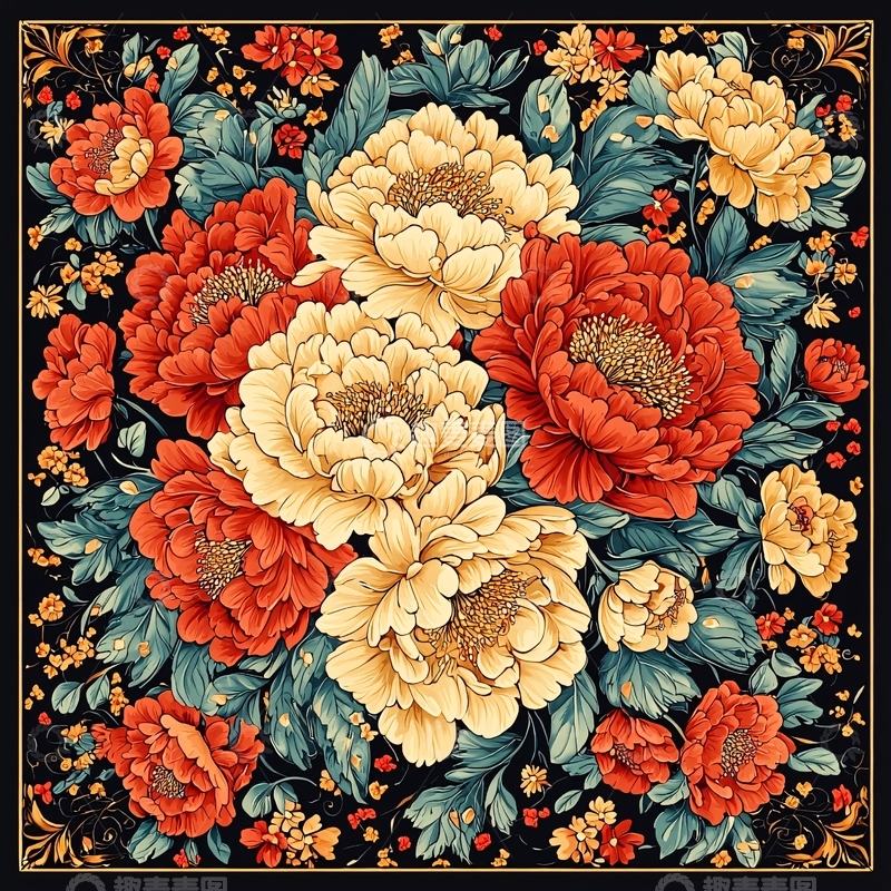 高清大图下载【趣麦麦图】红色和黄色牡丹花组成的图案