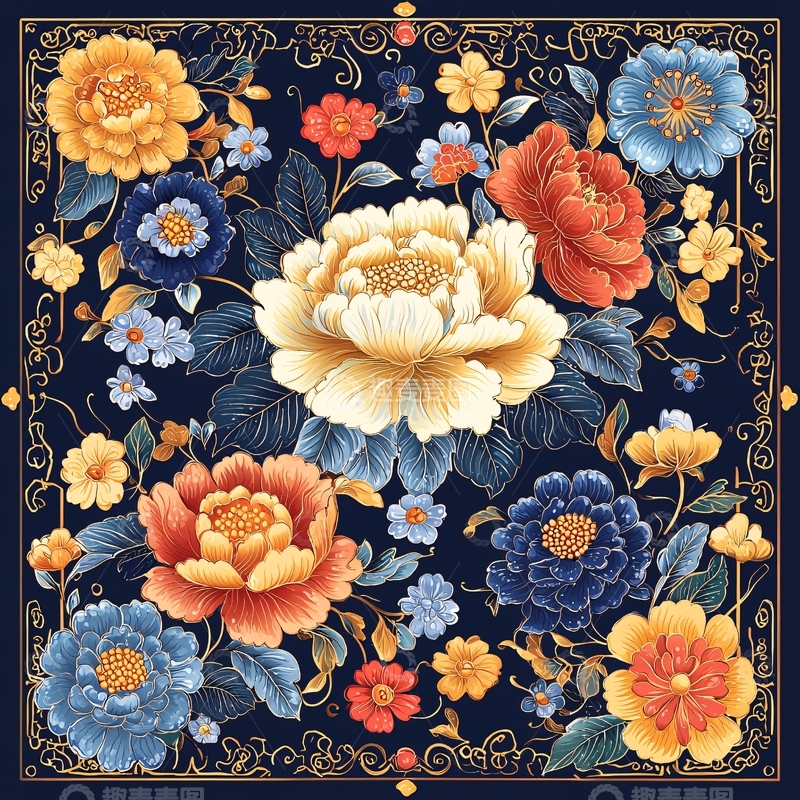 高清大图下载【趣麦麦图】暗蓝色背景彩色花卉图案