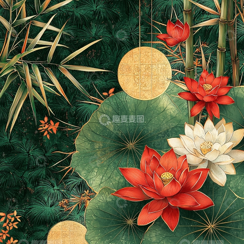 高清大图下载【趣麦麦图】-翠绿背景下的莲花竹子图