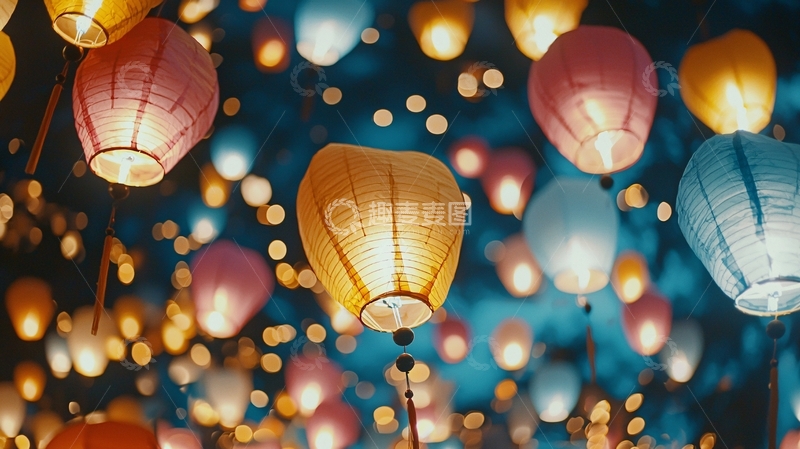 高清大图下载【趣麦麦图】夜空中飞舞的彩色天灯