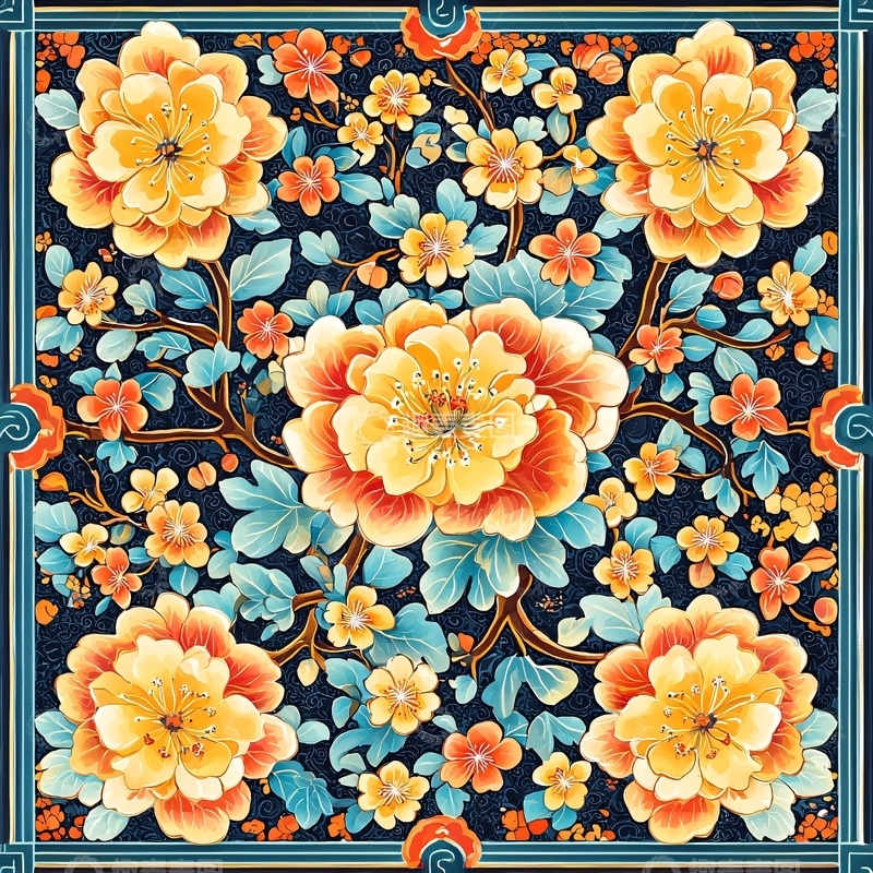 高清大图下载【趣麦麦图】黄色花朵蓝色叶子图案