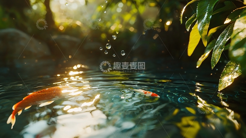 高清大图下载【趣麦麦图】阳光下的金鱼戏水