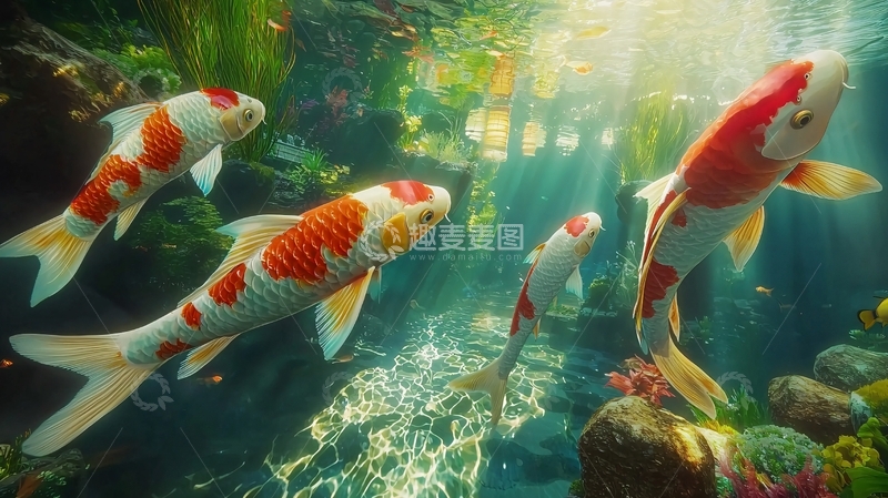 高清大图下载【趣麦麦图】水中嬉戏的锦鲤